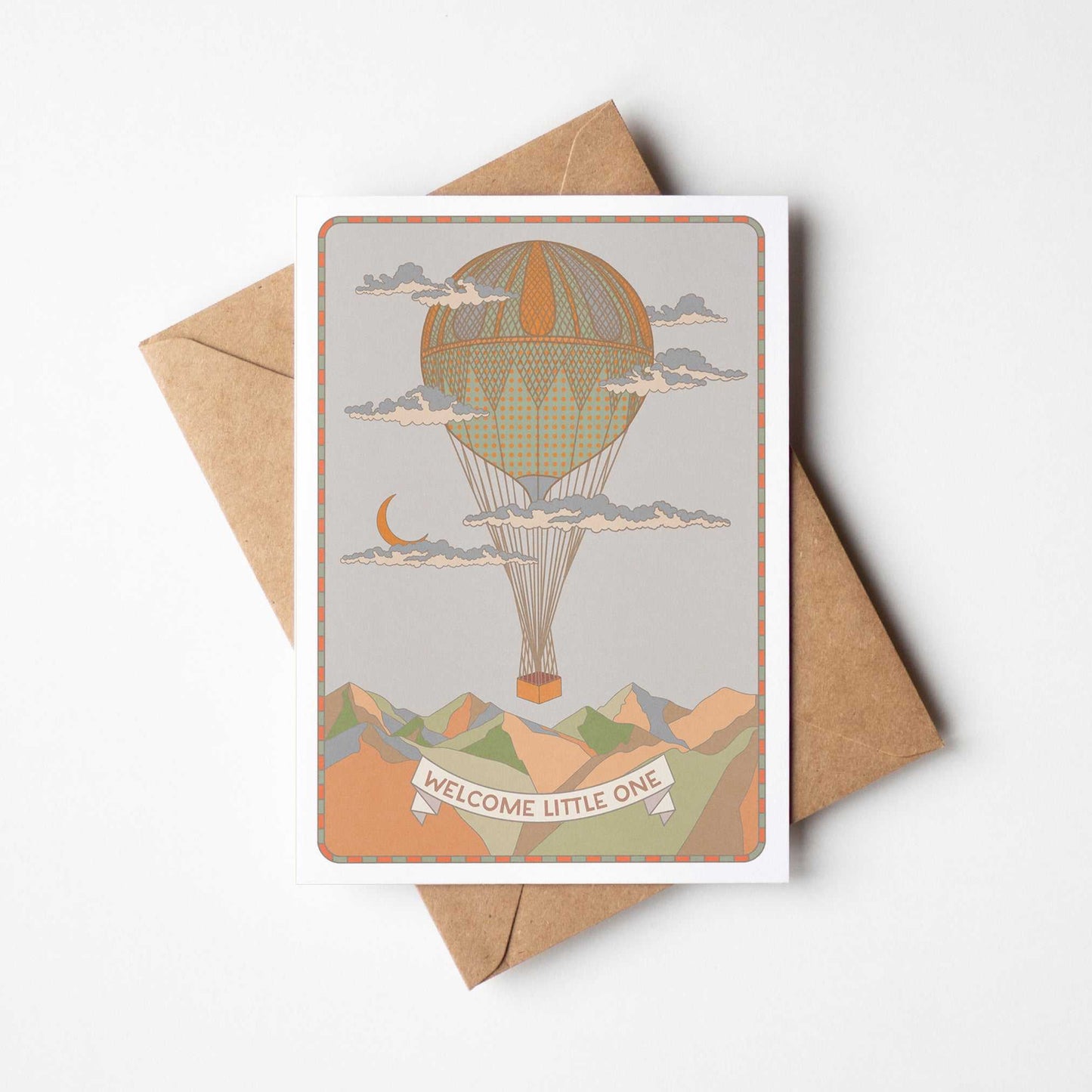 Vintage Style Welcome Little One A6 New Baby Card with Kraft (brown) envelope | 100% recycled