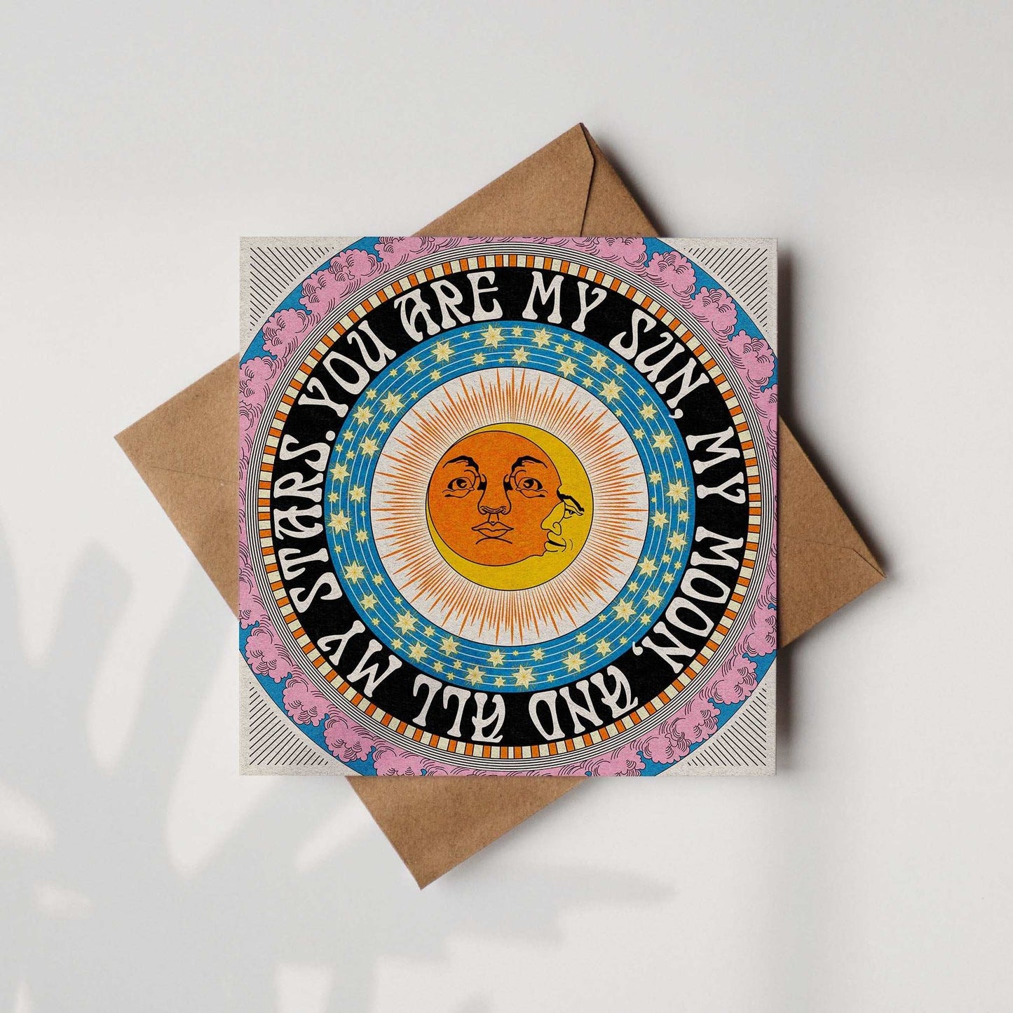 Sun and Moon boho square recycled greetings card with Kraft envelope - OMG KITTY