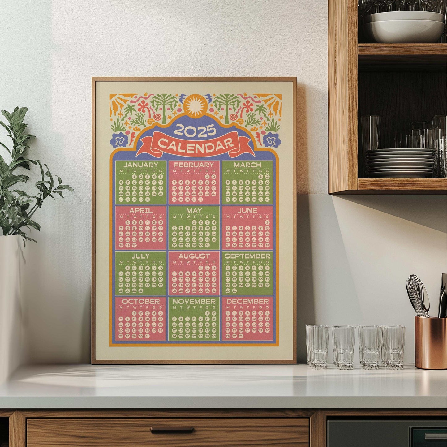 2025 Year Calendar Print - Modern Boho Style Art Print - A4, A3, A2, A1 sizes - 12 Month Office Wall Planner Calendar