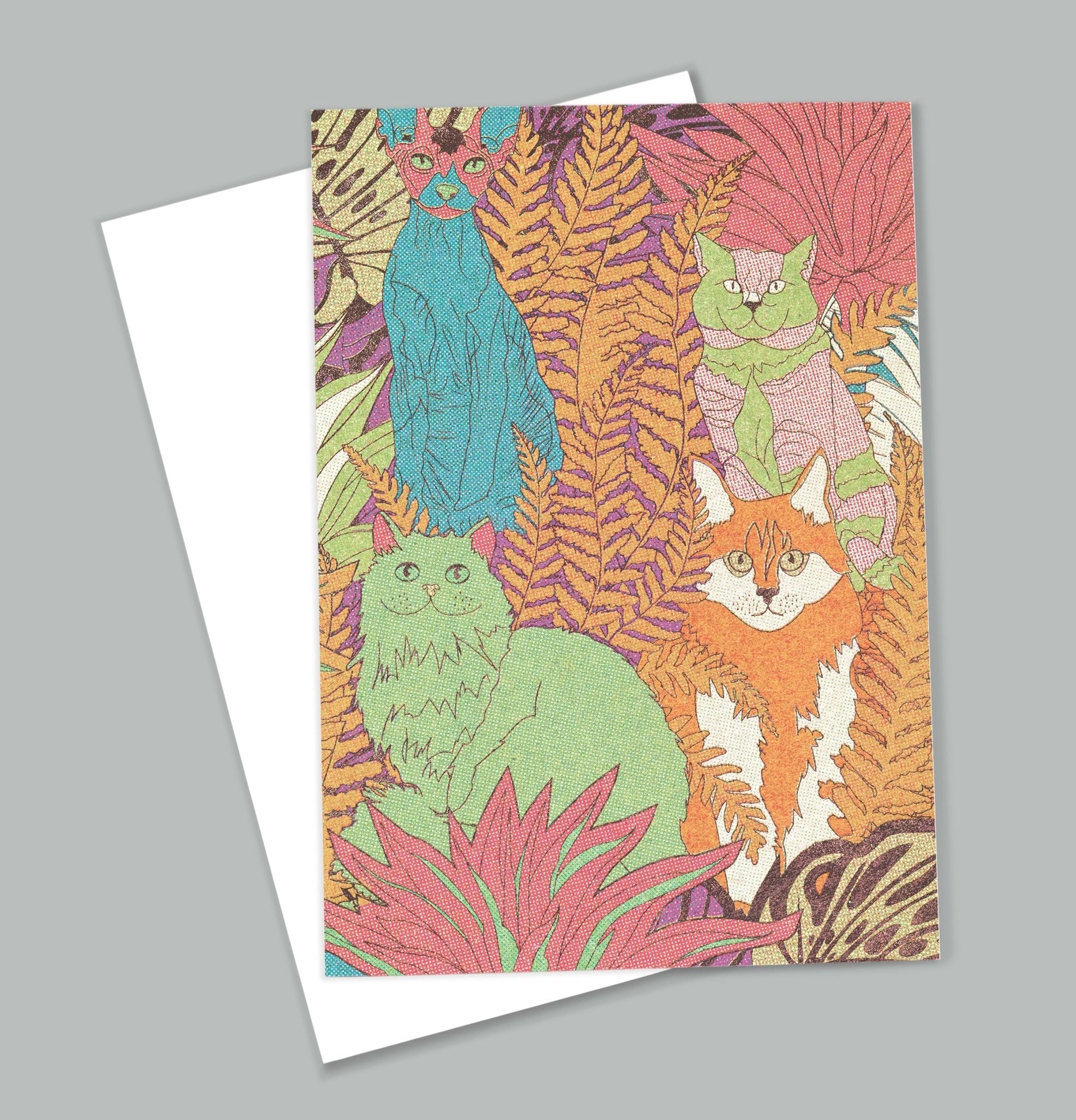 A6 'Retro Cats' Boho Cat Botanical Pattern Greetings Card - OMG KITTY