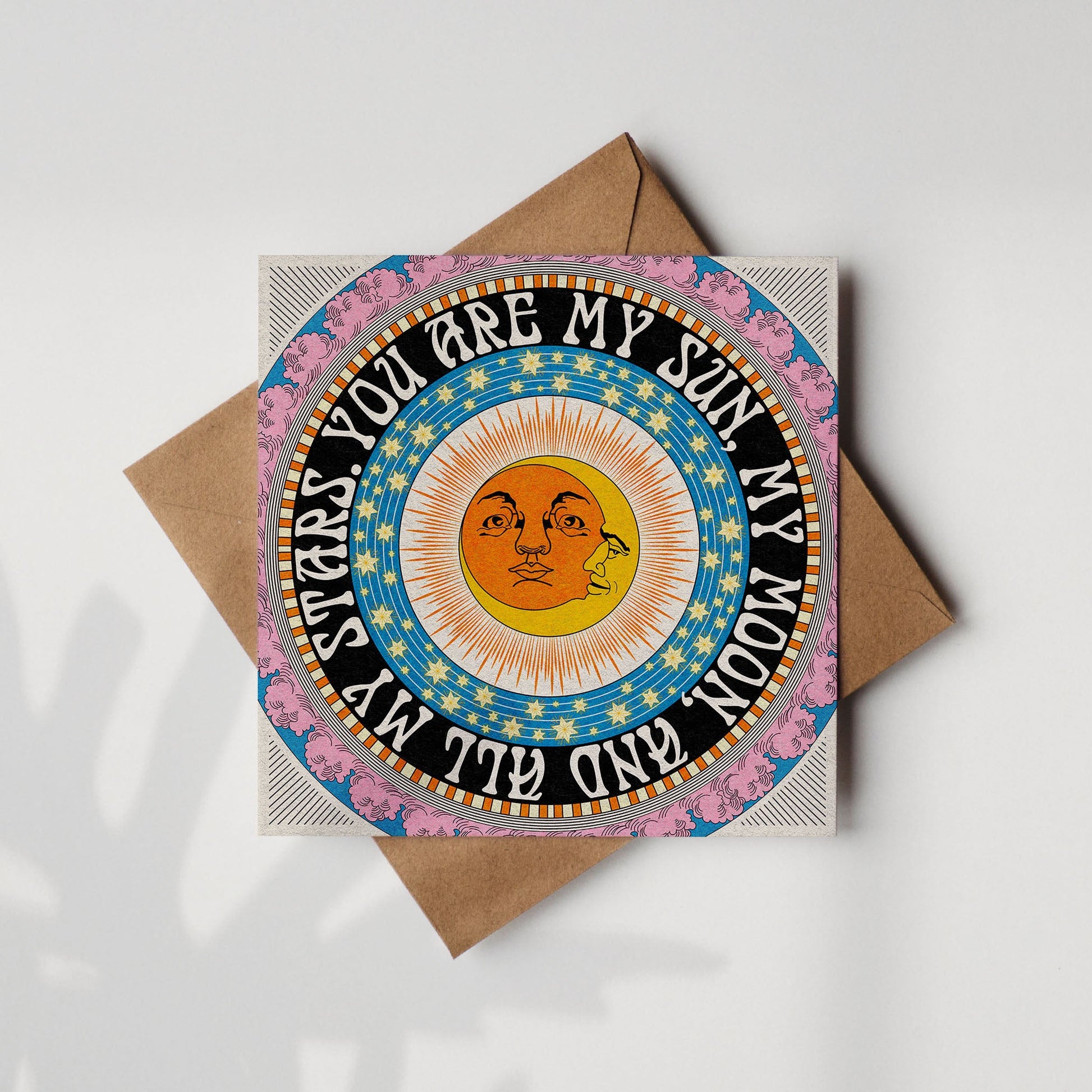 Sun and Moon boho square recycled greetings card with Kraft envelope - OMG KITTY